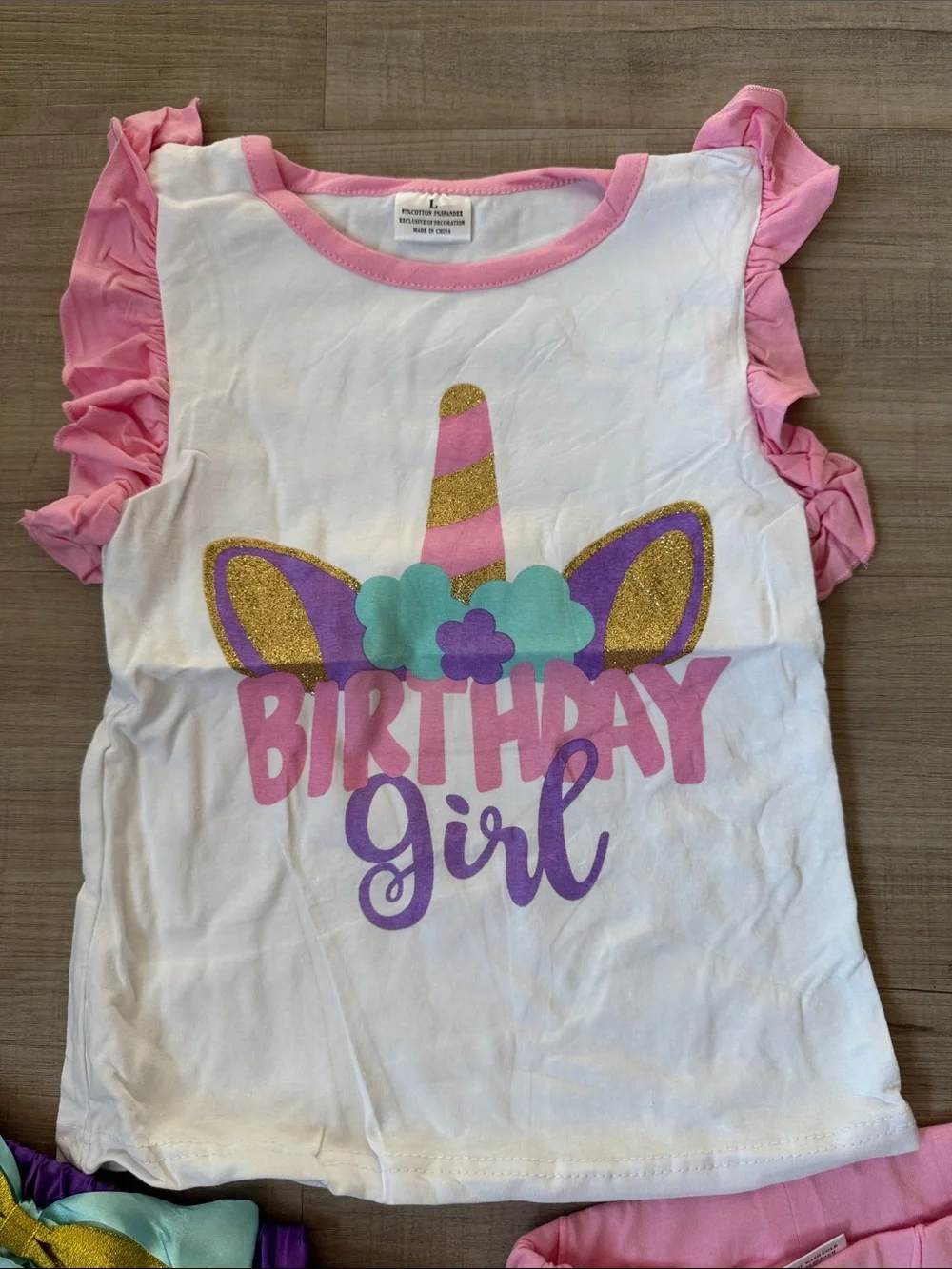 3 Pc Set Birthday Girl Unicorn Top with Purple Tutu & Pink Sequin Shorts Party